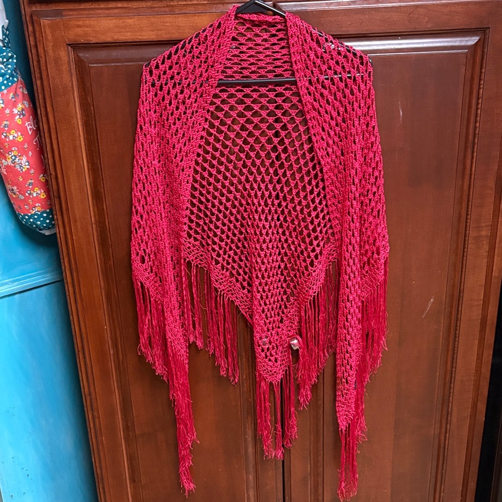 Red Crochet Fringe Shawl